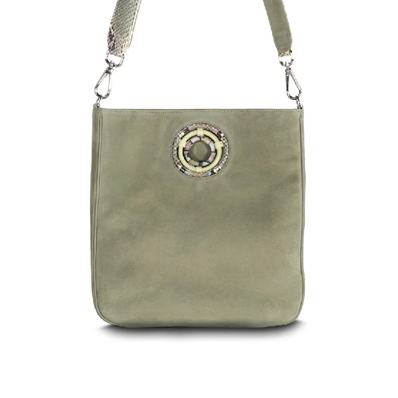 Cloe Jeweled Crossbody Tote - Celadon Green Suede, Ocean Jasper