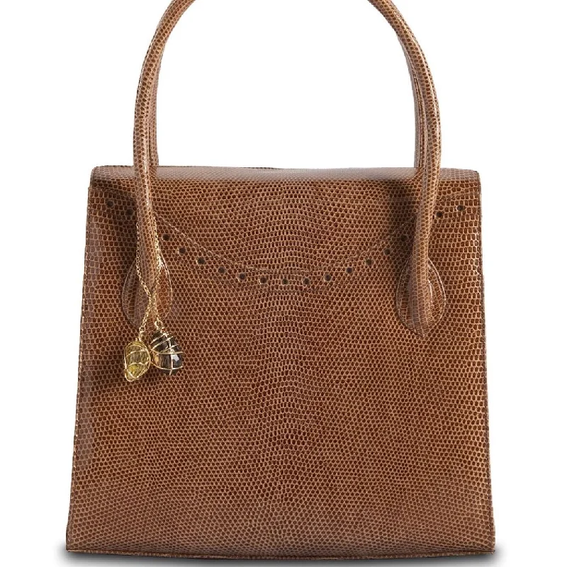 Thompson Tote - Cognac Exotic Lizard, Gemstone Fob, Gold