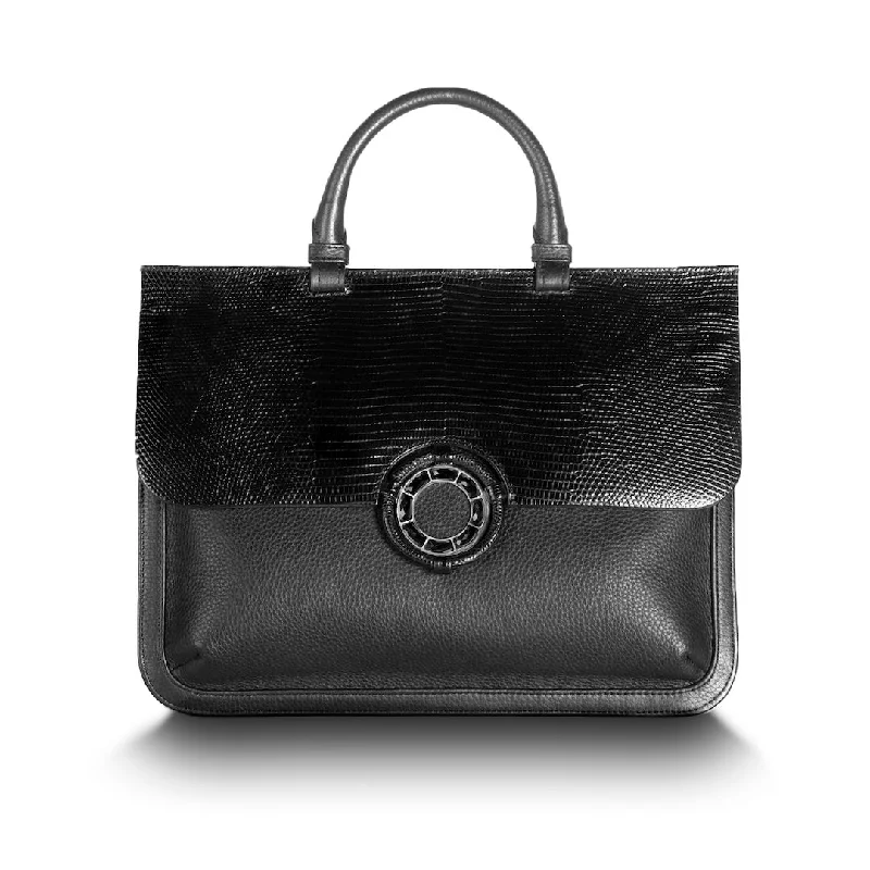 Sydney Convertible Satchel - Black Lizard & Leather, Onyx Grommet