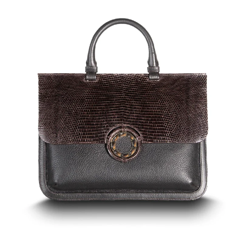 Sydney Convertible Satchel - Dark Brown Lizard & Leather, Topaz Grommet