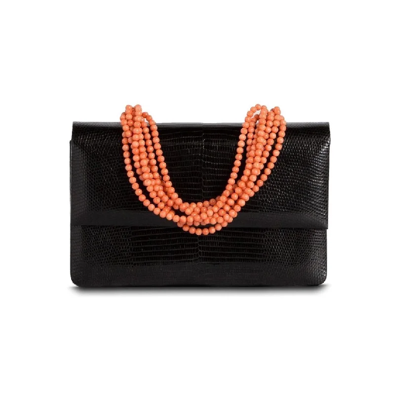 Necklace Handbag - Black Exotic Lizard, Coral Handle