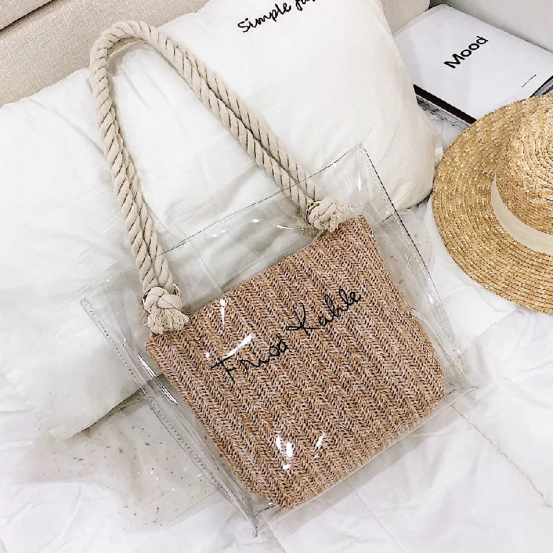 2 PCS/SET Transparent Shoulder Bags For Women 2019 Ladies Summer Beach Straw Bag With Rope Shoulder Bags Waterproof Handbag