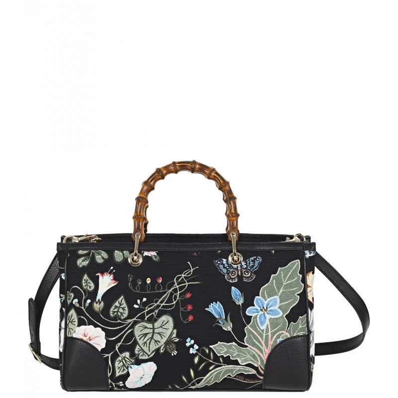 Gucci Black flora knight print canvas bamboo tote bag