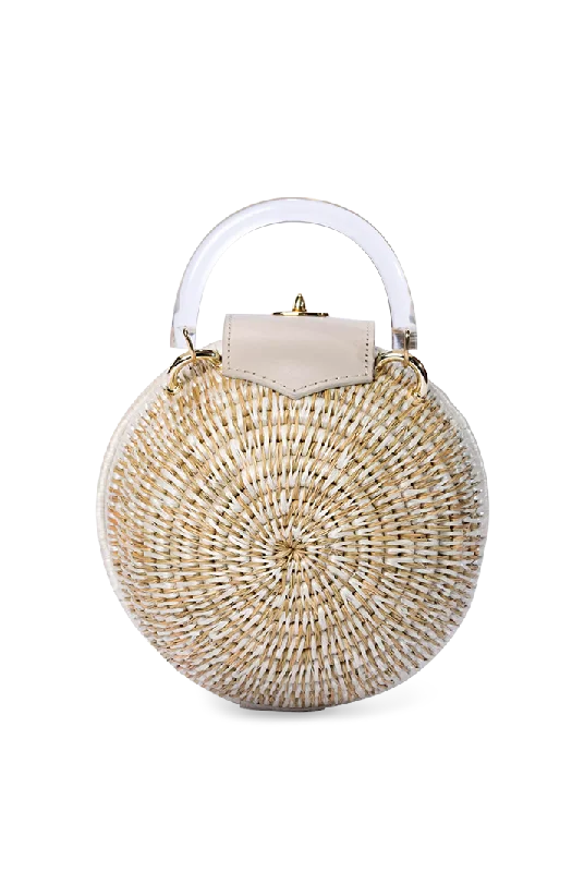 Woven Grass & Leather Round Ball Bag in Chalk