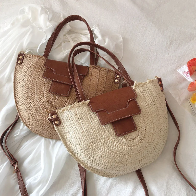 Elena Handbags Straw Half Moon Summer Purse