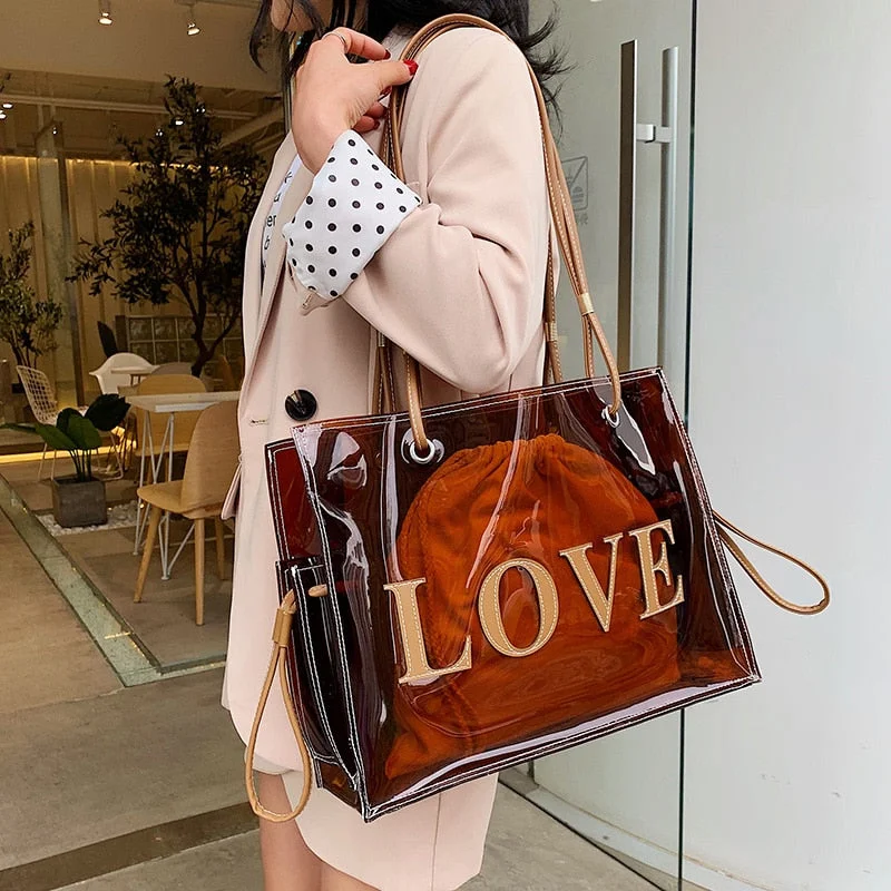 PVC Transparent Shoulder Bags For Women 2019 Summer Beach Bag Big Totes Lady Travel Handbags With a small Bag Large-capacity