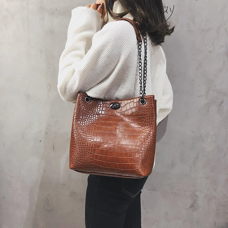 Stone pattern PU Leather Bucket Bags For Women 2018 Female Chain Crossbody Bag Ladies Shoulder Bags Lock Handbags Drop Shipping