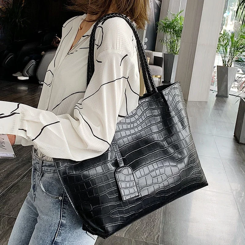 Stone Pattern PU Leather Shoulder Bags For Women 2019 Luxury Quality Handbags High Capacity Handbag Lady Black Hand Bag