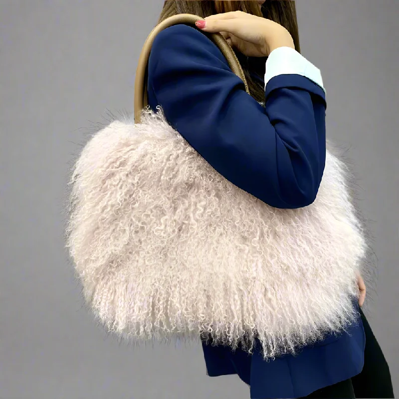 Winter Real Mongolia Lamb Fur Handbag Women Casual Tibet Long Hair Natural Fur Shoulder Bag Genuine Tote Bags Femme