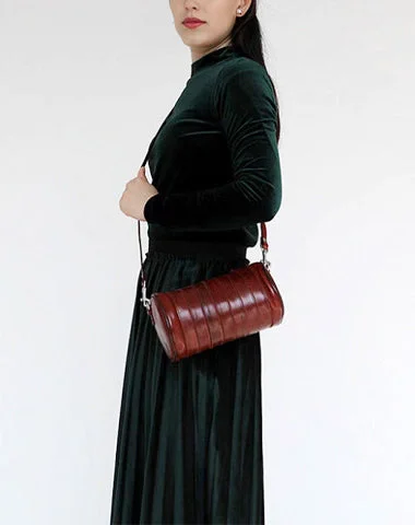 Womens Coffee Small Leather Barrel Crossbody Bag Vintage Barrel Shoulder Bags for Ladies